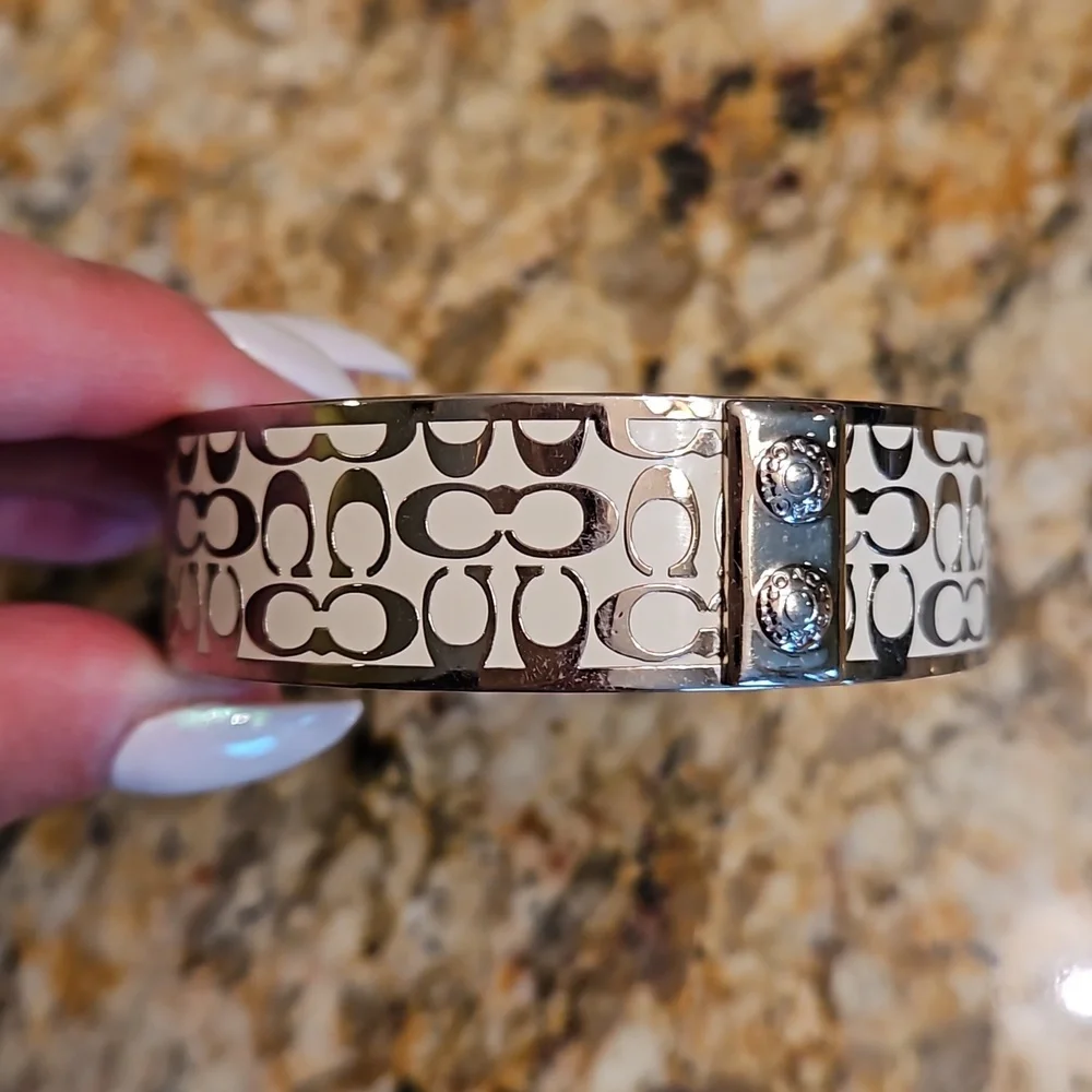 Coach Silver White Bangle Bracelet Signature Logo